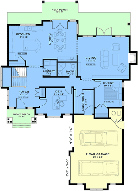 Contemporary, Cottage, Country, Craftsman, Farmhouse House Plan 84652 with 3 Beds, 3 Baths, 2 Car Garage First Level Plan
