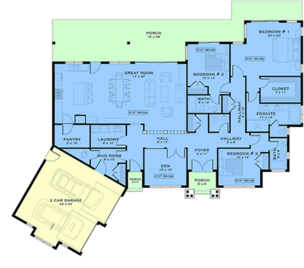 Cottage, Country, Craftsman, Ranch House Plan 84660 with 3 Beds, 4 Baths, 2 Car Garage First Level Plan
