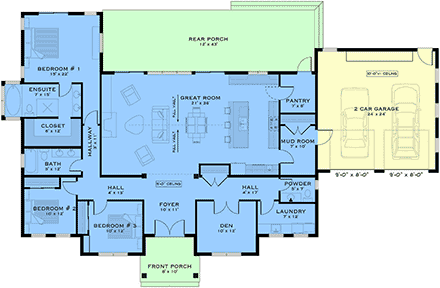 Bungalow, Cottage, Country, Craftsman, Farmhouse, Ranch House Plan 84676 with 3 Beds, 3 Baths, 2 Car Garage First Level Plan
