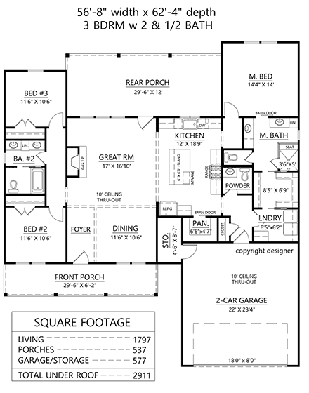 Country, Farmhouse, Traditional House Plan 84701 with 3 Beds, 3 Baths, 2 Car Garage First Level Plan