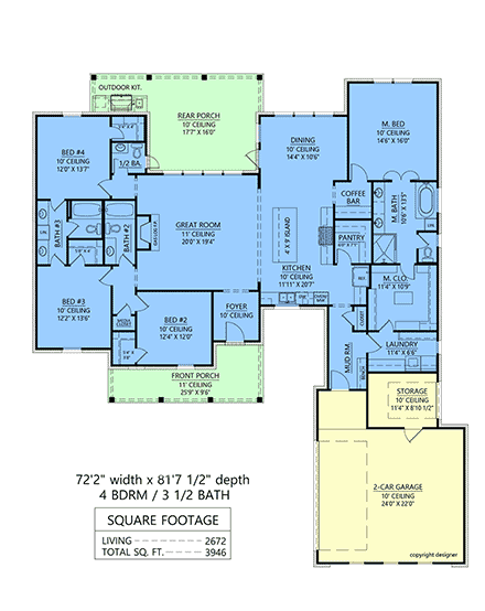Acadian, Country, Ranch, Southern, Traditional House Plan 84703 with 4 Beds, 4 Baths, 2 Car Garage First Level Plan
