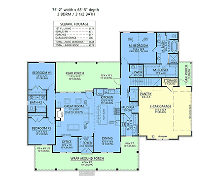 Country, Farmhouse, New American House Plan 84717 with 3 Beds, 4 Baths, 2 Car Garage First Level Plan