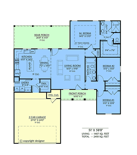 Cottage, Country, Farmhouse House Plan 84729 with 3 Beds, 2 Baths, 2 Car Garage First Level Plan