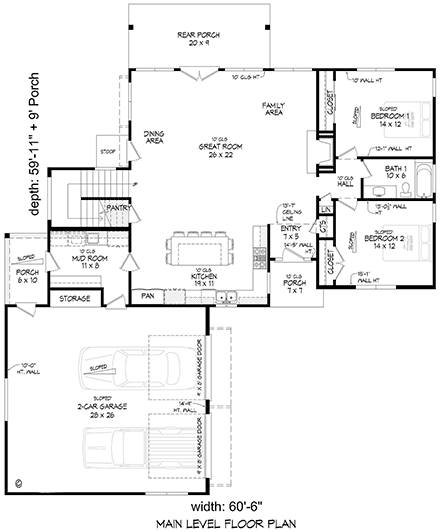 Contemporary, Modern House Plan 84800 with 3 Beds, 2 Baths, 2 Car Garage First Level Plan