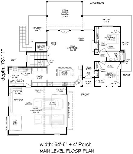 European, Modern House Plan 84802 with 3 Beds, 2 Baths, 2 Car Garage First Level Plan