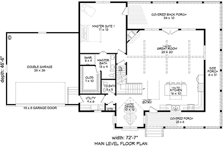 Cabin, Country, Farmhouse, Traditional House Plan 84804 with 3 Beds, 3 Baths, 2 Car Garage First Level Plan