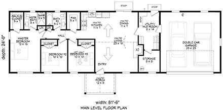 Country, Craftsman, Farmhouse, Ranch House Plan 84805 with 3 Beds, 2 Baths, 2 Car Garage First Level Plan