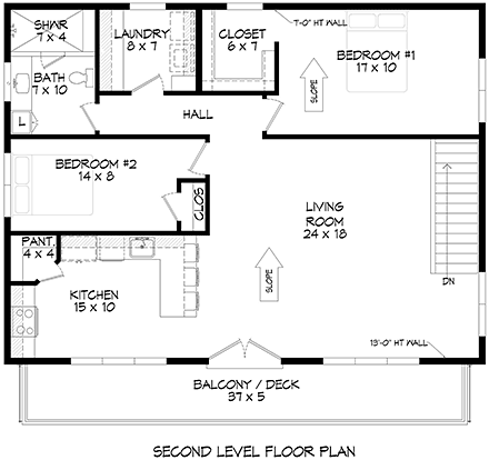 Contemporary, Modern Garage-Living Plan 84815 with 2 Beds, 2 Baths, 3 Car Garage Second Level Plan