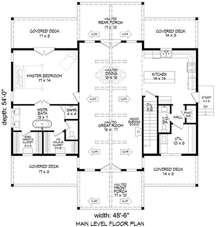 Bungalow, Cabin, Country, Craftsman, Farmhouse, Ranch House Plan 84816 with 3 Beds, 3 Baths First Level Plan
