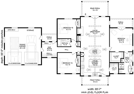 Barndominium, Country House Plan 84855 with 3 Beds, 2 Baths, 2 Car Garage First Level Plan