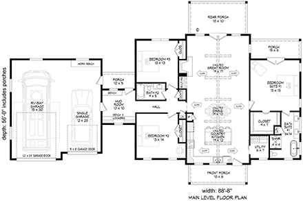 Barndominium, Country, Farmhouse House Plan 84856 with 3 Beds, 2 Baths, 2 Car Garage First Level Plan