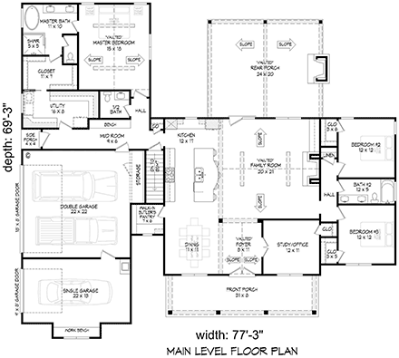 Country, Farmhouse, Ranch, Traditional House Plan 84865 with 3 Beds, 3 Baths, 3 Car Garage First Level Plan