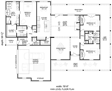 Country, Farmhouse, Ranch House Plan 84878 with 3 Beds, 3 Baths, 2 Car Garage First Level Plan
