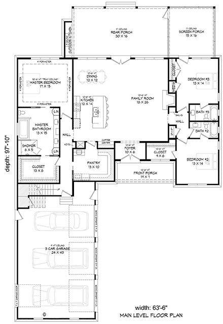 Bungalow, Country, Craftsman, Farmhouse, Ranch House Plan 84885 with 3 Beds, 3 Baths, 3 Car Garage First Level Plan