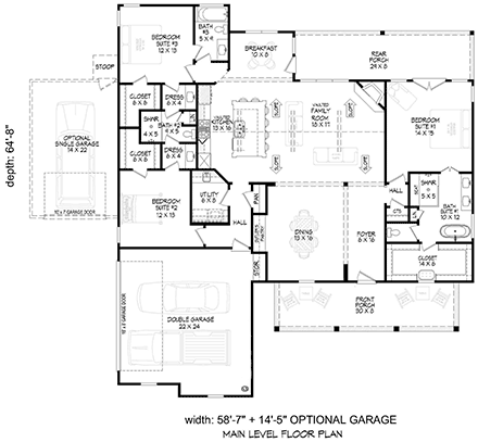 Country, Craftsman, Farmhouse House Plan 84886 with 3 Beds, 3 Baths, 2 Car Garage First Level Plan