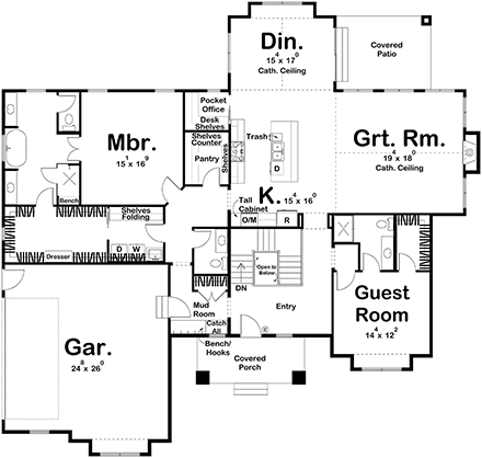 Cottage, Country, Craftsman, New American, Traditional House Plan 84915 with 2 Beds, 3 Baths, 2 Car Garage First Level Plan