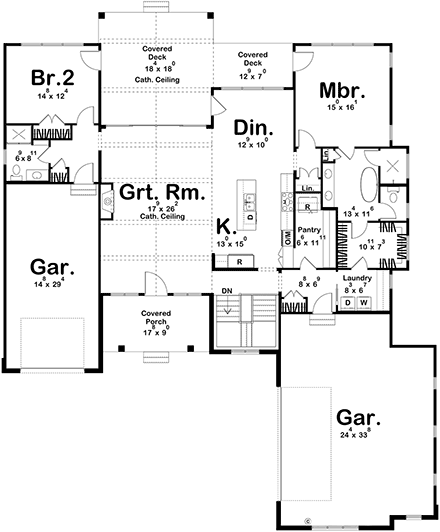 Contemporary, Country, Craftsman, New American, Traditional House Plan 84924 with 2 Beds, 2 Baths, 3 Car Garage First Level Plan