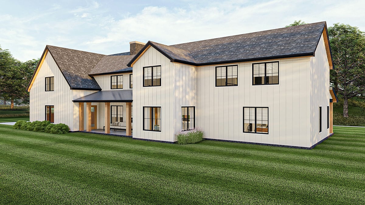 Barndominium, Country, Farmhouse Plan with 3064 Sq. Ft., 4 Bedrooms, 4 Bathrooms, 4 Car Garage Rear Elevation