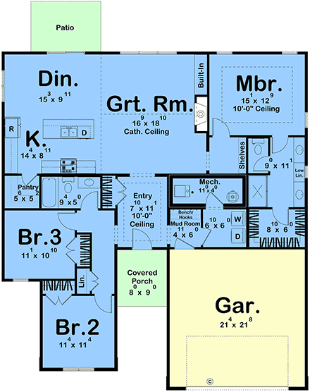 Country, Farmhouse, Ranch, Traditional House Plan 84955 with 3 Beds, 2 Baths, 2 Car Garage First Level Plan