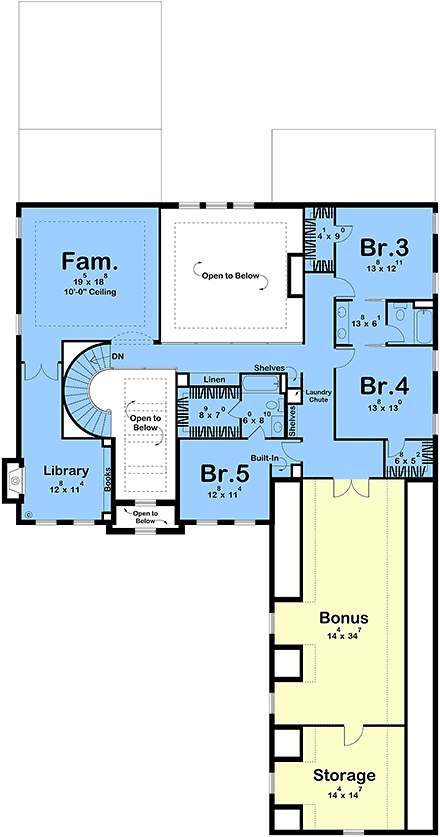 Colonial, European House Plan 84957 with 5 Beds, 5 Baths, 3 Car Garage Second Level Plan