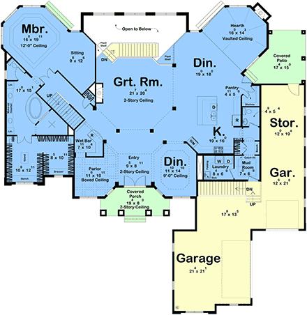 Mediterranean, Southern House Plan 84965 with 3 Beds, 4 Baths, 3 Car Garage First Level Plan