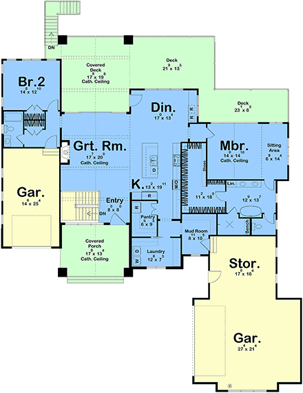 Coastal, Country, Craftsman House Plan 84992 with 2 Beds, 2 Baths, 3 Car Garage First Level Plan
