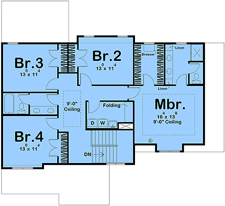 Craftsman, New American, Traditional House Plan 84993 with 4 Beds, 3 Baths, 2 Car Garage Second Level Plan