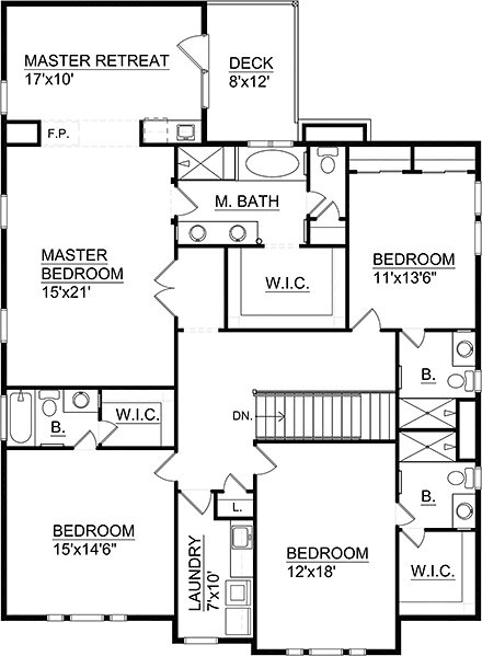 Tudor House Plan 85001 with 4 Beds, 5 Baths, 2 Car Garage Second Level Plan