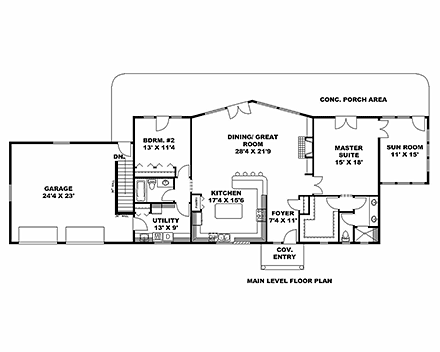 Ranch House Plan 85116 with 2 Beds, 2 Baths, 2 Car Garage First Level Plan