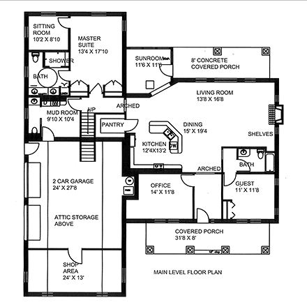 Craftsman, Ranch, Southern House Plan 85205 with 2 Beds, 3 Baths, 2 Car Garage First Level Plan