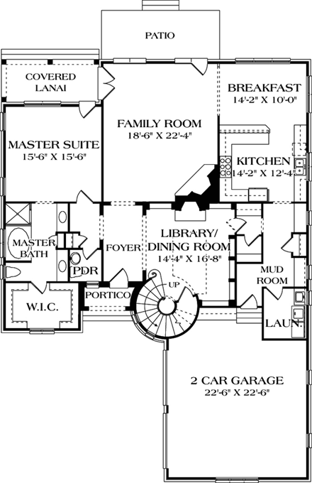 European House Plan 85419 with 3 Beds, 4 Baths, 2 Car Garage First Level Plan
