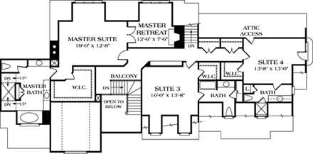 Country, European House Plan 85540 with 4 Beds, 6 Baths, 3 Car Garage Second Level Plan