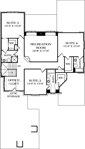Country, European House Plan 85555 with 4 Beds, 5 Baths, 2 Car Garage Second Level Plan