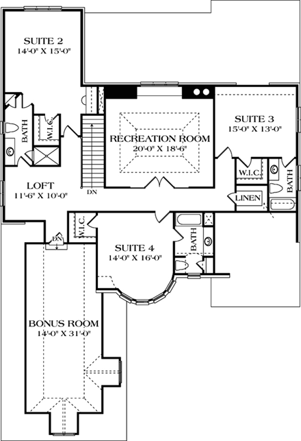 Country, European House Plan 85577 with 4 Beds, 5 Baths, 2 Car Garage Second Level Plan