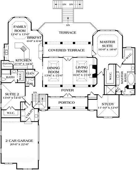 European, Mediterranean House Plan 85585 with 4 Beds, 5 Baths, 3 Car Garage First Level Plan