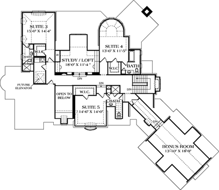 Country, European House Plan 85606 with 5 Beds, 8 Baths, 2 Car Garage Second Level Plan