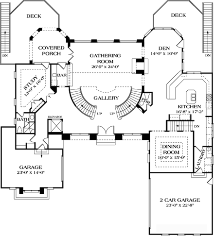 European, Mediterranean House Plan 85633 with 5 Beds, 6 Baths, 3 Car Garage First Level Plan
