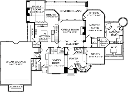 Country, European House Plan 85645 with 4 Beds, 6 Baths, 3 Car Garage First Level Plan