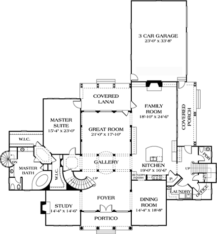European, Mediterranean House Plan 85647 with 5 Beds, 6 Baths, 3 Car Garage First Level Plan