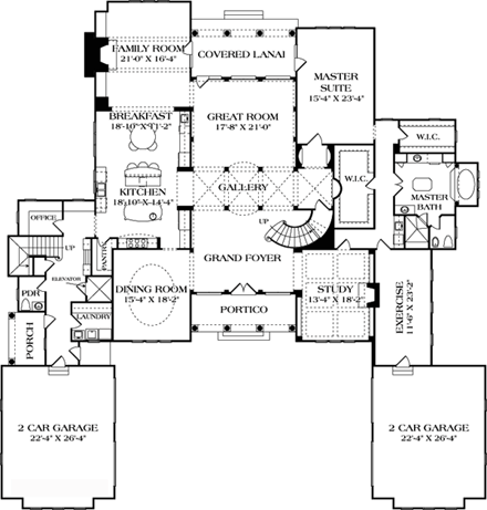 European, Mediterranean House Plan 85658 with 5 Beds, 6 Baths, 4 Car Garage First Level Plan