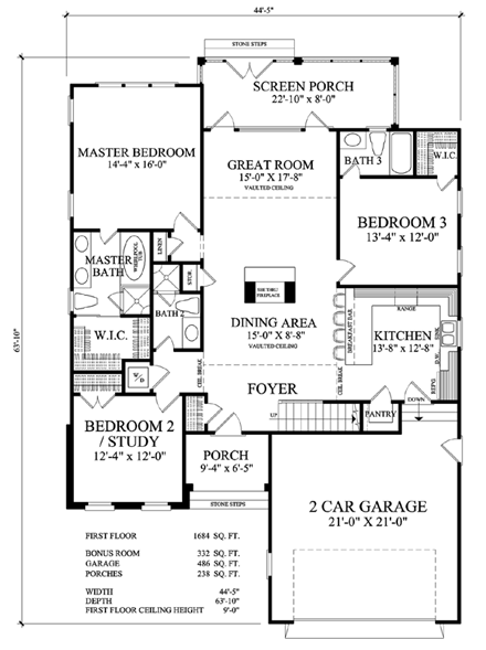 Cottage, Craftsman, Traditional House Plan 86100 with 3 Beds, 3 Baths, 2 Car Garage First Level Plan