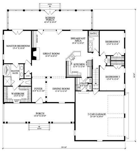Cottage, Country, Craftsman, Traditional House Plan 86107 with 4 Beds, 3 Baths, 2 Car Garage First Level Plan