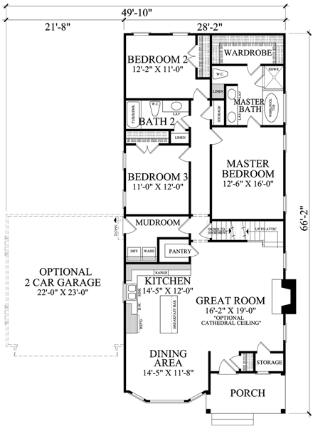 Bungalow, Cottage House Plan 86198 with 3 Beds, 2 Baths, 2 Car Garage First Level Plan