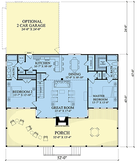 Cabin, Contemporary, Country, Southern House Plan 86202 with 2 Beds, 2 Baths, 2 Car Garage First Level Plan