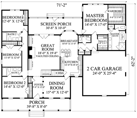 Country, Ranch, Southern House Plan 86347 with 4 Beds, 4 Baths, 2 Car Garage First Level Plan
