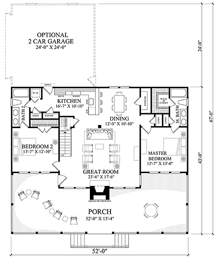 Bungalow, Cabin, Cottage, Country, Southern, Traditional House Plan 86350 with 4 Beds, 3 Baths, 2 Car Garage First Level Plan