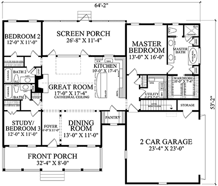 Cottage, Country, Southern House Plan 86353 with 3 Beds, 3 Baths, 2 Car Garage First Level Plan