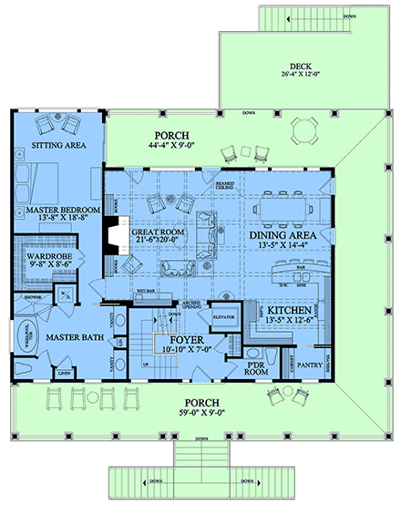Coastal, Country, Plantation, Southern House Plan 86368 with 4 Beds, 5 Baths, 4 Car Garage First Level Plan