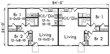 Ranch Multi-Family Plan 86926 with 2 Beds, 1 Baths First Level Plan