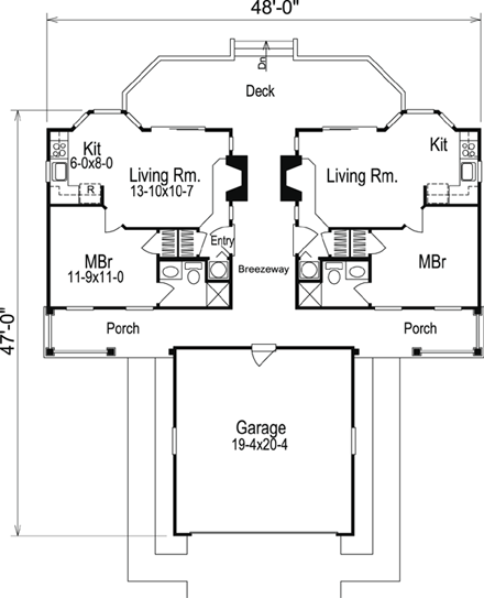 Cabin, Cottage, Country, Ranch Multi-Family Plan 86980 with 2 Beds, 2 Baths, 2 Car Garage First Level Plan